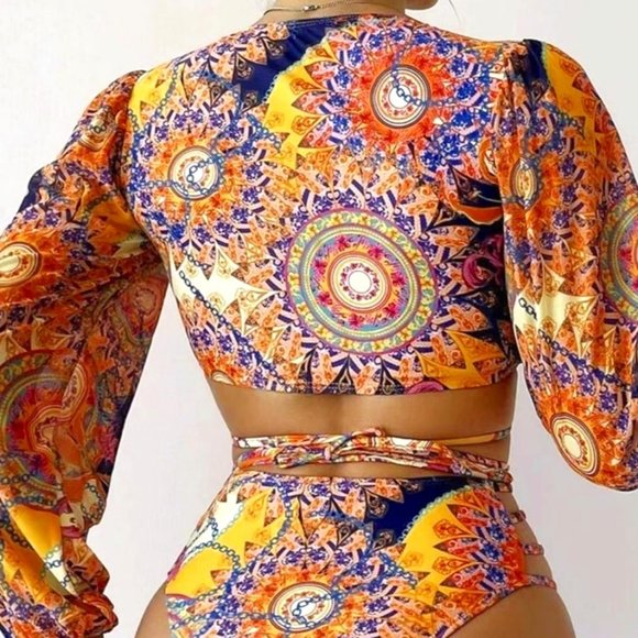 Callie Gypsy Sleeve: Multicolor Paisley Padded Plunge V-Neck Wrap Around Bikini - Picture 8 of 17